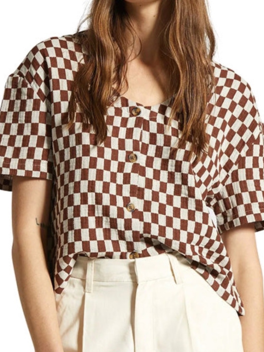 Brixton Mykonos Check Top Brown Gingham Boxy Cotton Gauze Cottagecore Medium